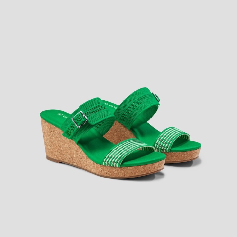 Green Cork Wedge Slide Sandals